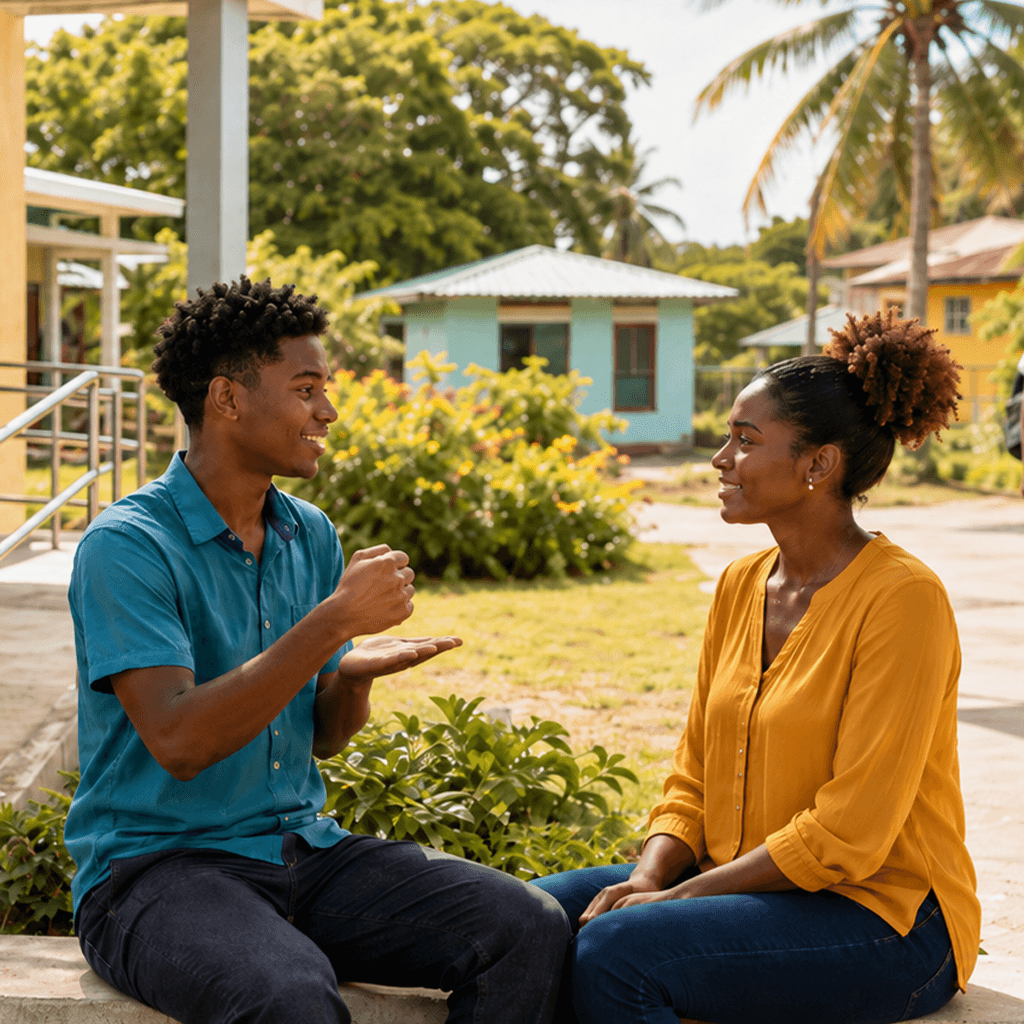Two people communicating in Jamaican Sign Language outdoors