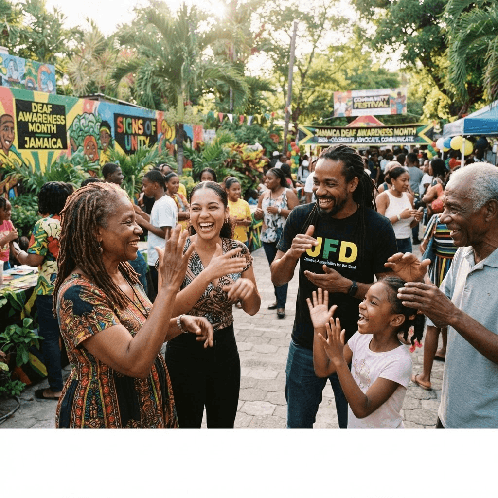 A diverse group of Jamaican people joyfully signing together to celebrate Deaf Awareness Month